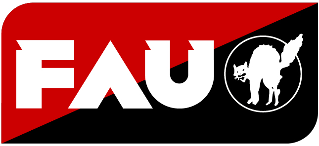 Red and black FAU logo with white cat