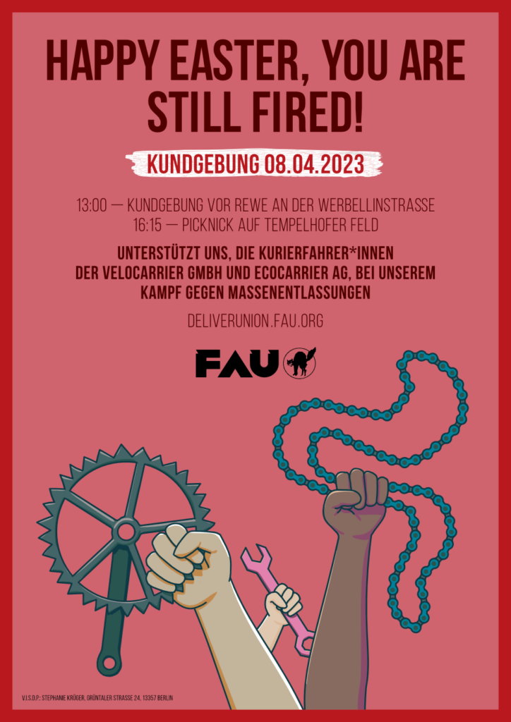 "Happy Easter, You are still fired!" Event advertisement for riders demonstration. Drawing of hands holding bike chain and gear
